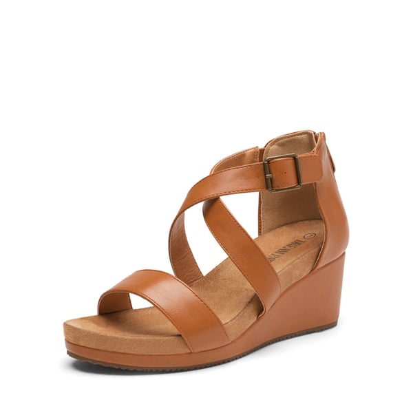 Ankle Strap Open-Toe Platform Wedge Sandals - CAMEL PU -  0